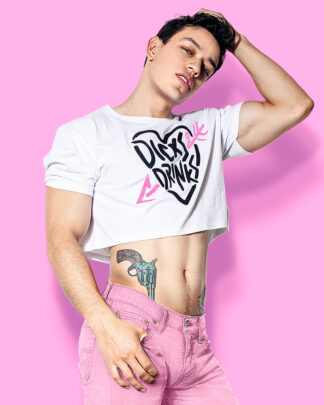 Crop-top ombliguera unisex genderless inspirada en la libertad sexual estampada con glitter diamantina brillantina