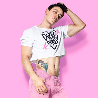 Crop-top ombliguera unisex genderless inspirada en la libertad sexual estampada con glitter diamantina brillantina